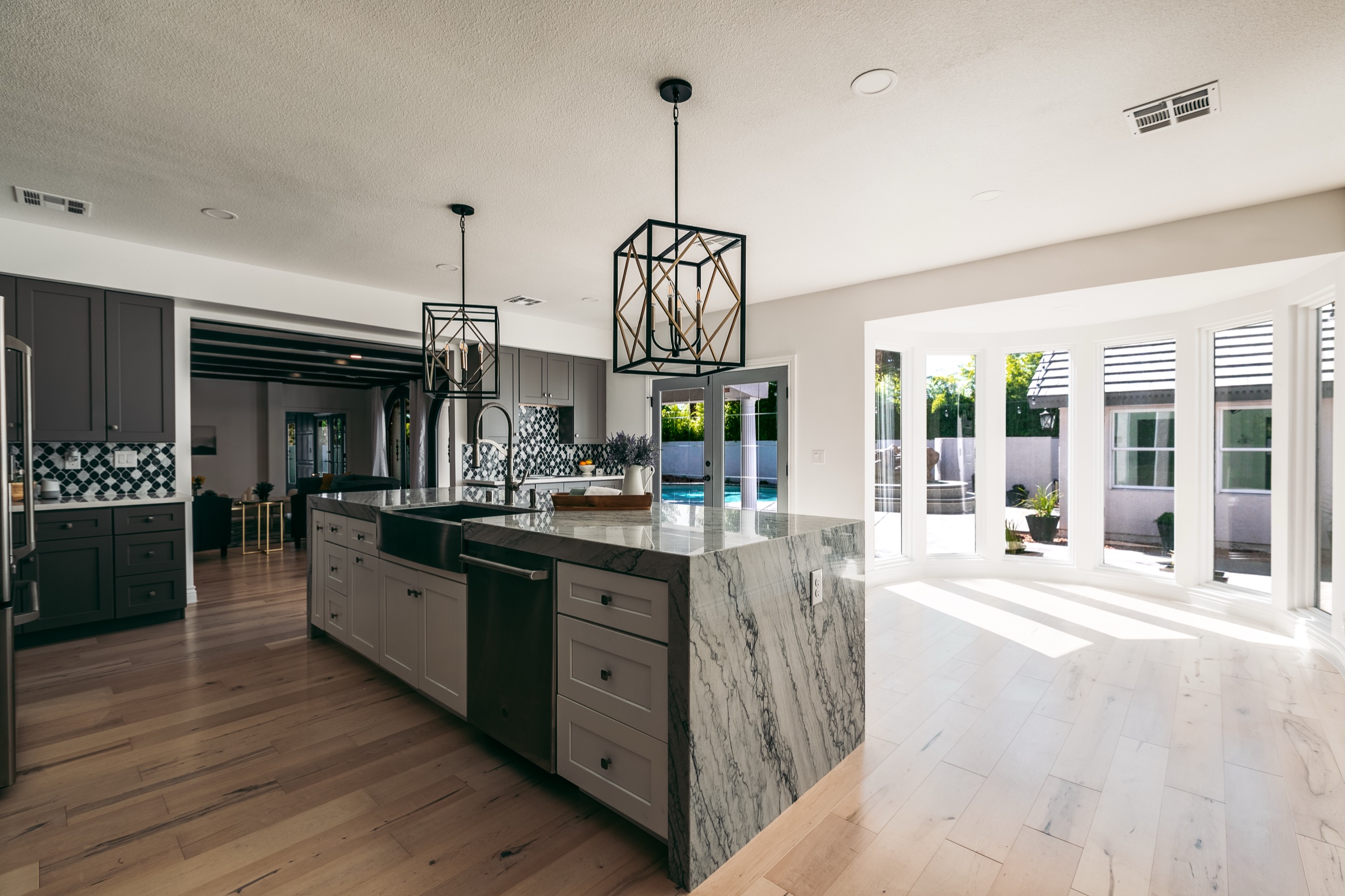 Luxury renovated kitchen with waterfall island
